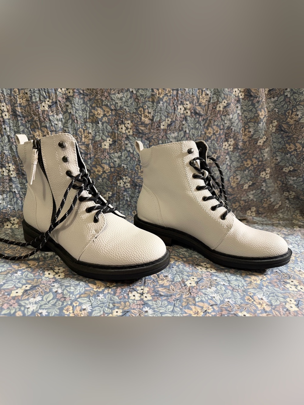 BareTraps Amysue White Combat Boots with Black Soles
